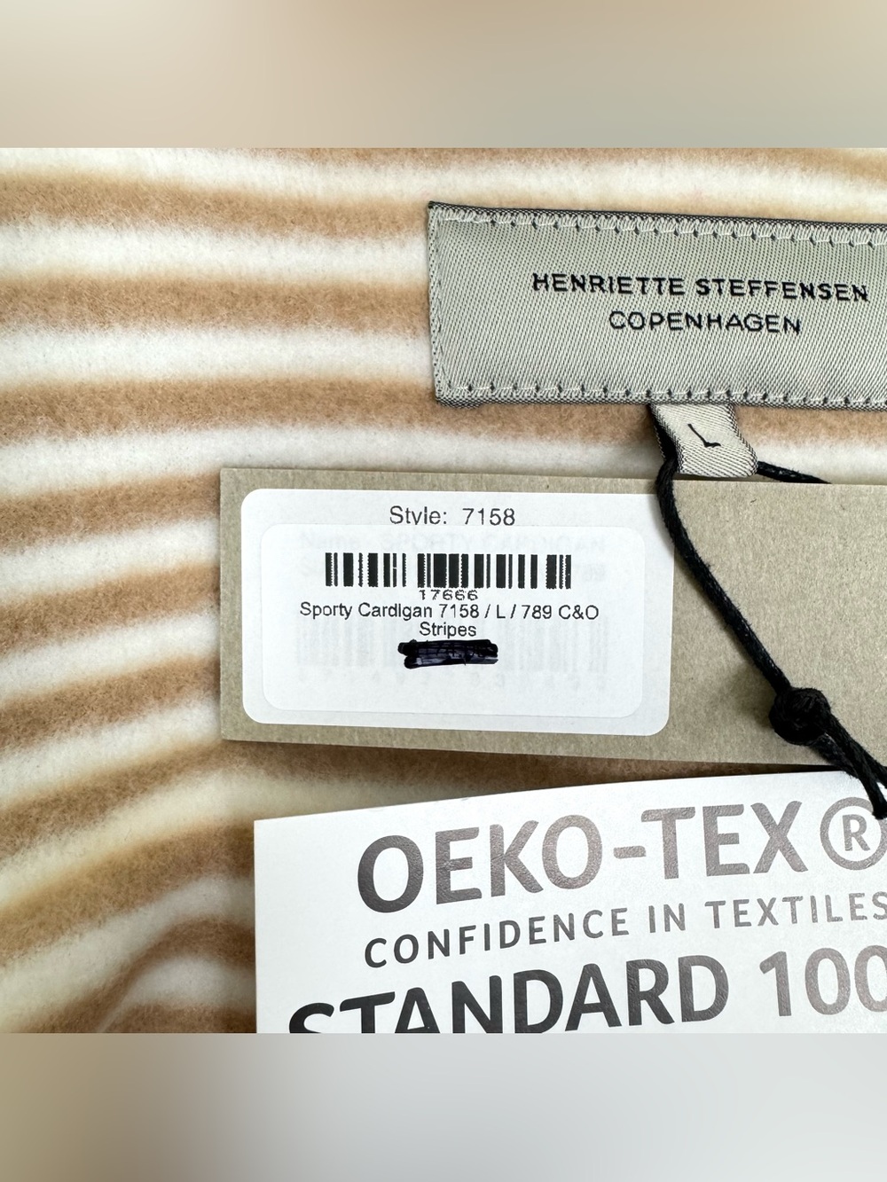 NWT Henriette Steffensen Sporty Fleece Hooded Cardigan Tan Beige Stripes Large - Picture 5 of 8
